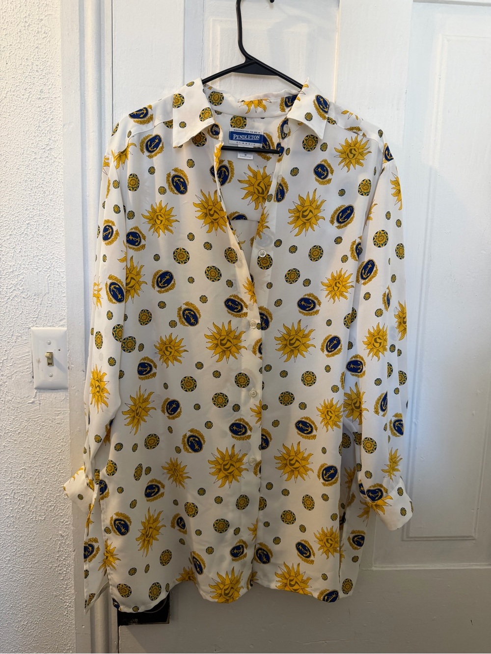 Celestial Pendleton White Button-Up Blouse with Yellow Sun Medallion Print